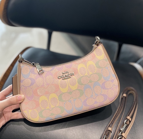 NWT COACH Teri Shoulder Bag In Rainbow Signature Canvas Silver/Sand Multi